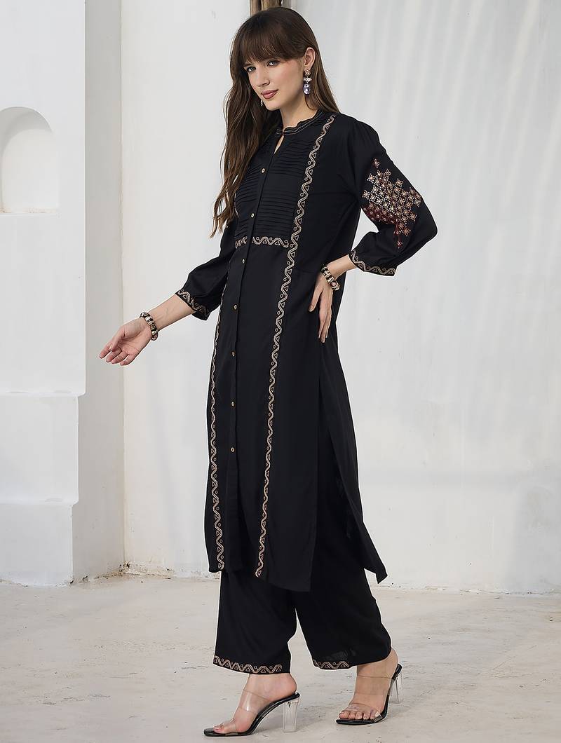 Black embroidered viscose rayon kurta trouser set