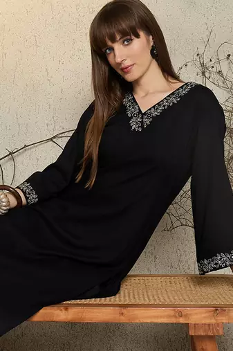 Black embroidered viscose rayon kurta trouser set