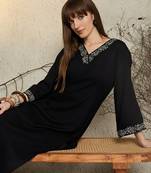 Black embroidered viscose rayon kurta trouser set