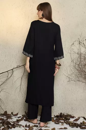 Black embroidered viscose rayon kurta trouser set