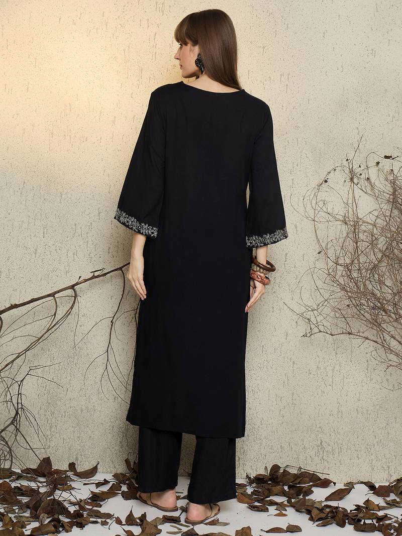 Black embroidered viscose rayon kurta trouser set