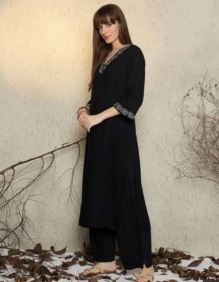 Black embroidered viscose rayon kurta trouser set 3
