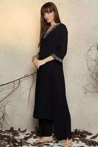 Black embroidered viscose rayon kurta trouser set