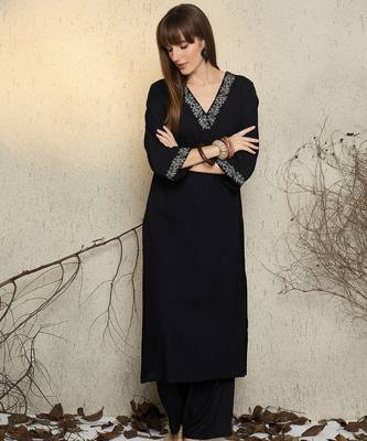 Black embroidered viscose rayon kurta trouser set 4