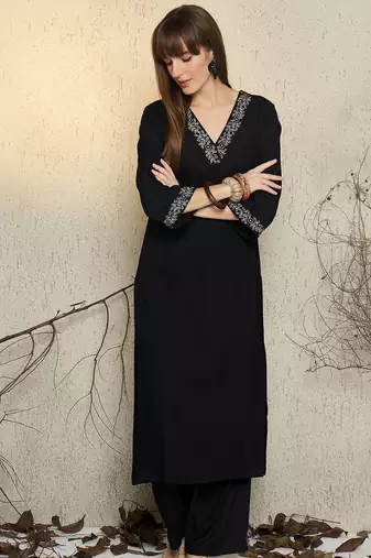 Black embroidered viscose rayon kurta trouser set