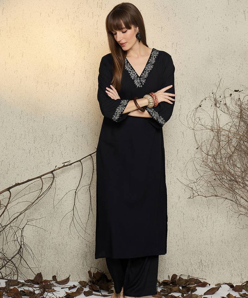 Black embroidered viscose rayon kurta trouser set
