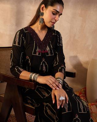 Black printed cotton kurta trouser set 2
