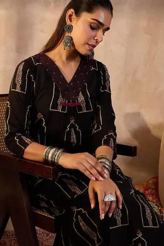 Black printed cotton kurta trouser set