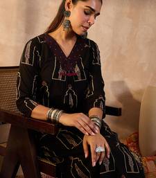 Black printed cotton kurta trouser set