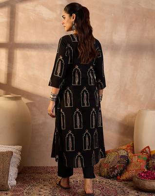 Black printed cotton kurta trouser set 3