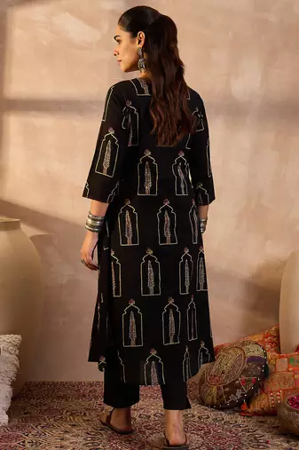 Black printed cotton kurta trouser set