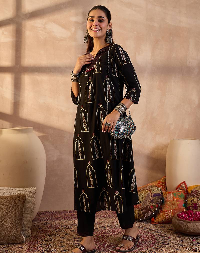 Black printed cotton kurta trouser set