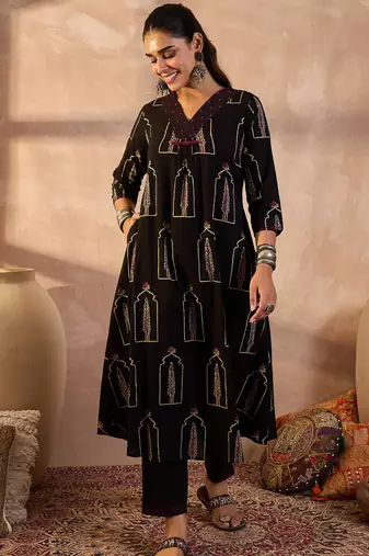 Black printed cotton kurta trouser set