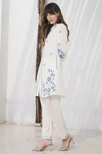 White printed cotton kurta trouser set