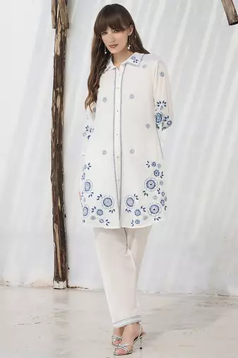White printed cotton kurta trouser set