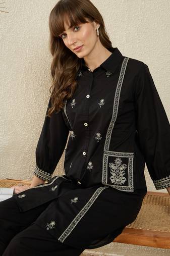 Black printed cotton kurta trouser set