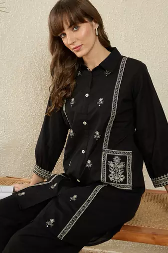 Black printed cotton kurta trouser set