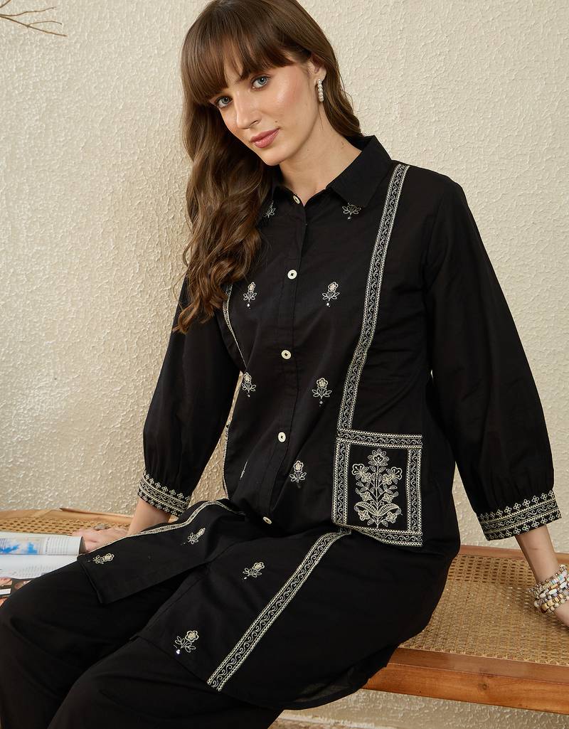 Black printed cotton kurta trouser set