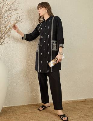 Black printed cotton kurta trouser set 3