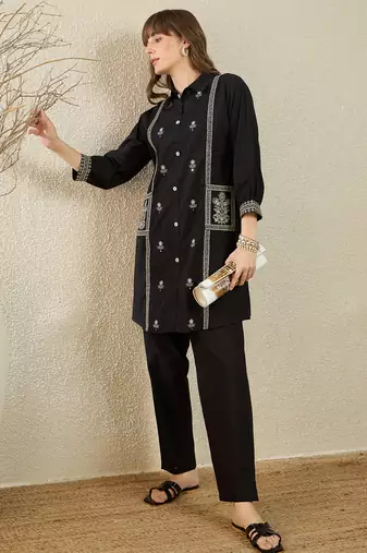 Black printed cotton kurta trouser set