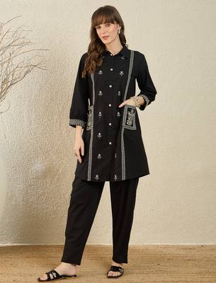 Black printed cotton kurta trouser set 4