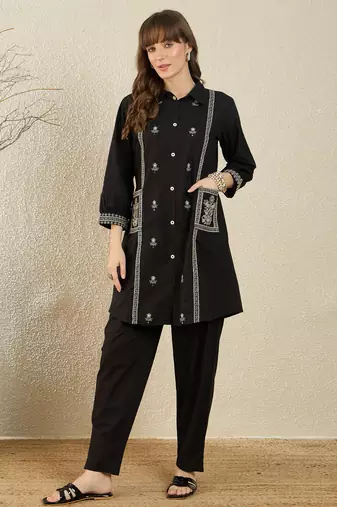 Black printed cotton kurta trouser set