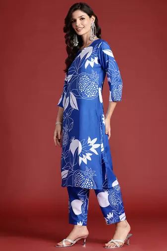 Blue printed cotton kurta trouser set