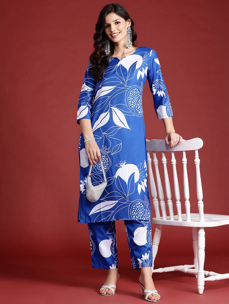 Blue printed cotton kurta trouser set