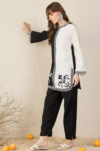 Black printed silk kurta trouser set