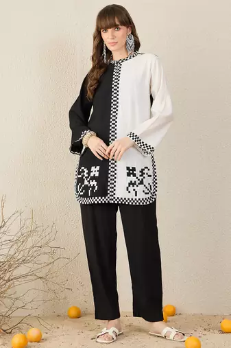 Black printed silk kurta trouser set