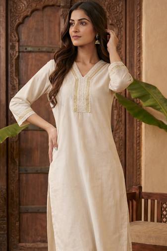Off white embroidered silk kurta trouser set