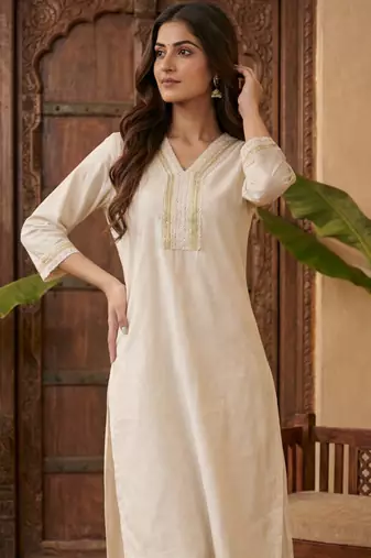Off white embroidered silk kurta trouser set