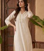 Off white embroidered silk kurta trouser set