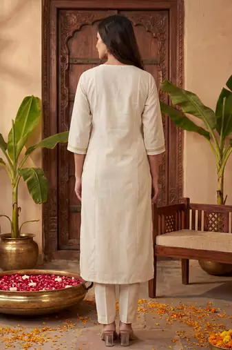 Off white embroidered silk kurta trouser set