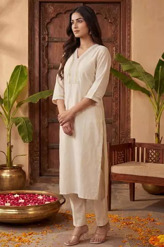 Off white embroidered silk kurta trouser set