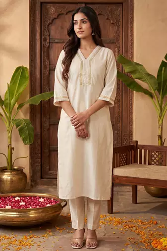 Off white embroidered silk kurta trouser set