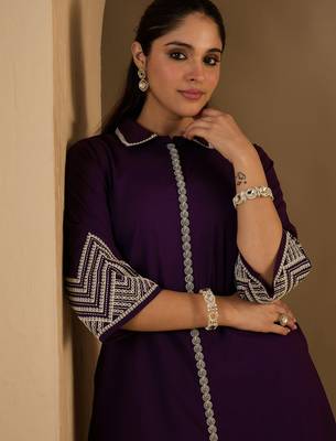 Purple embroidered cotton kurta trouser set 1
