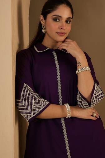 Purple embroidered cotton kurta trouser set