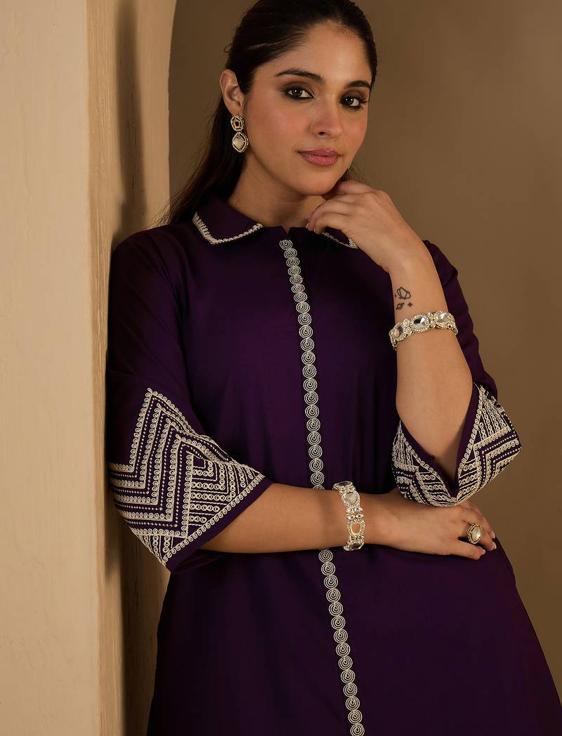 Purple embroidered cotton kurta trouser set