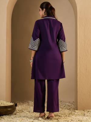 Purple embroidered cotton kurta trouser set 2