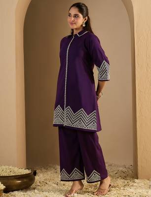Purple embroidered cotton kurta trouser set 3