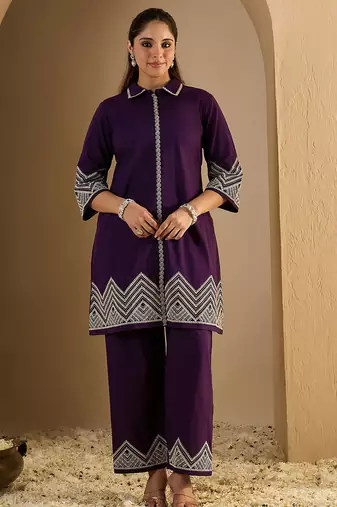 Purple embroidered cotton kurta trouser set