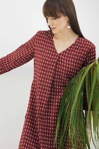 Maroon printed cotton kurta trouser set