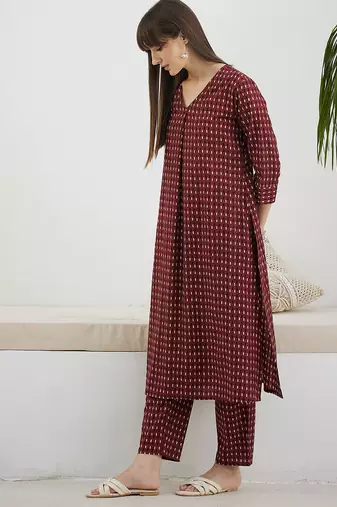 Maroon printed cotton kurta trouser set