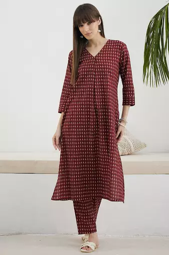 Maroon printed cotton kurta trouser set