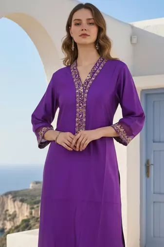 Purple embroidered liva kurta trouser set