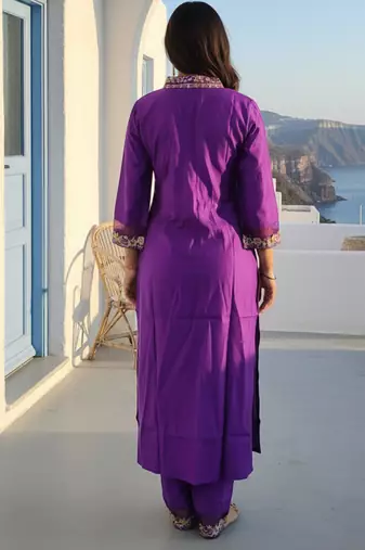 Purple embroidered liva kurta trouser set