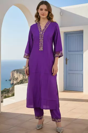 Purple embroidered liva kurta trouser set