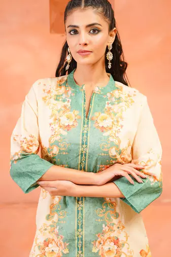 Cream printed cotton kurta trouser set