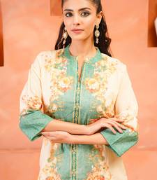 Cream printed cotton kurta trouser set